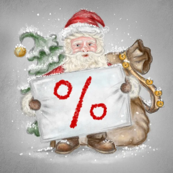 Beautiful hand drawn llustration Santa Claus with a sale sign in — Stock Photo, Image