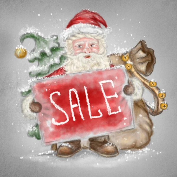 Beautiful hand drawn llustration Santa Claus with a sale sign in — Stock Photo, Image