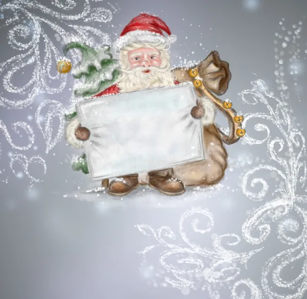 Beautiful hand drawn llustration Santa Claus with a blank poster — Stock Photo, Image