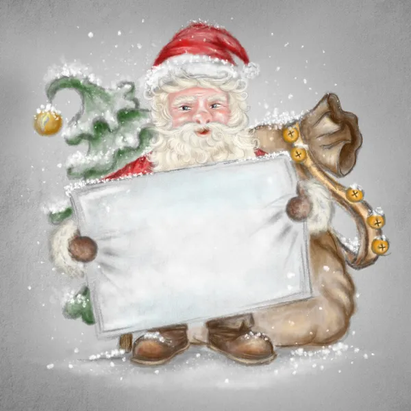 Beautiful hand drawn llustration Santa Claus with a blank poster — Stock Photo, Image