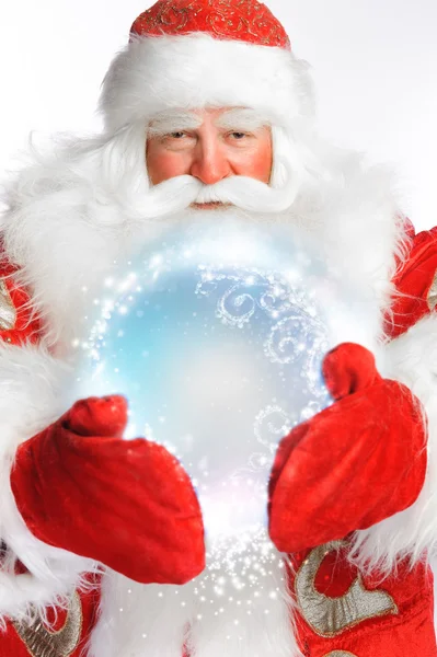 Traditional Santa Claus holding magic snowball Isolated on white — Stock Photo, Image