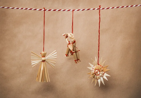 Handmade traditional christmas decoration angel, goat and snowfl — Stock Photo, Image