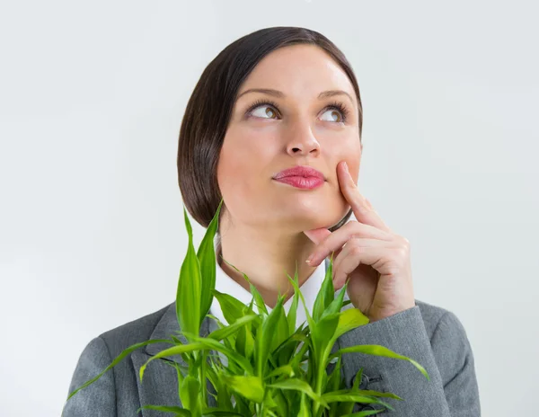 成人商业女性持有的成功者的幸运竹植物象征 — 图库照片