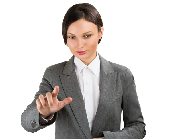 Business woman pointing her finger on imaginary virtual button — Stock Photo, Image