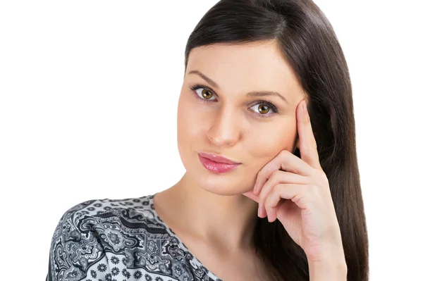 Jonge vrouw poseren tegen witte achtergrond. mooie jonge che — Stockfoto