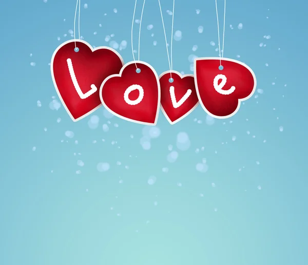 Valentine background: hearts with love sign hanging on string — Stock Photo, Image