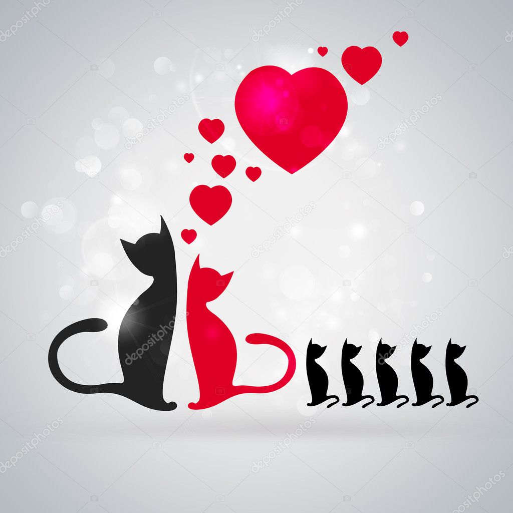Valentine background: two cats in love and their children near them
