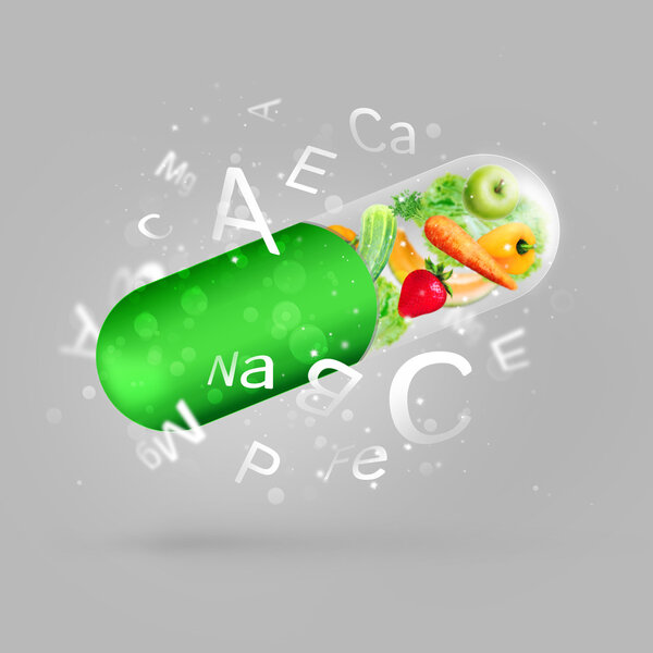 Различные фрукты и овощи в капсуле - здоровое питание или натуральные витамины
