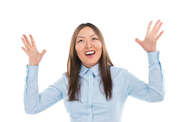 Portrait of a pretty young woman with her hands opened — Stock Photo, Image