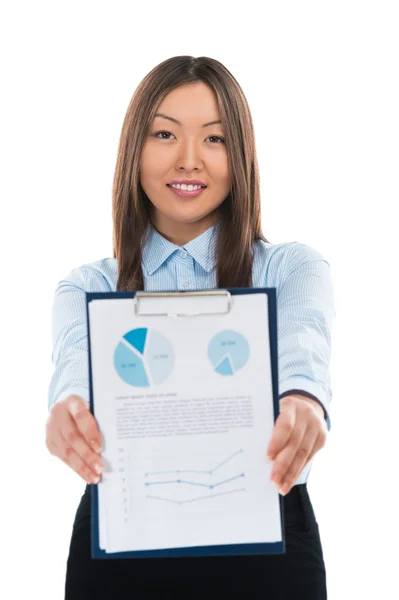 Asian business woman holding reports and smiling. Copy space — Stock Photo, Image