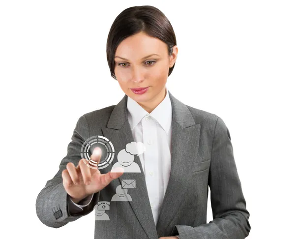 Γυναίκα των επιχειρήσεων επισημαίνοντας τα δάχτυλά της για εικονικό web interface ico — Φωτογραφία Αρχείου