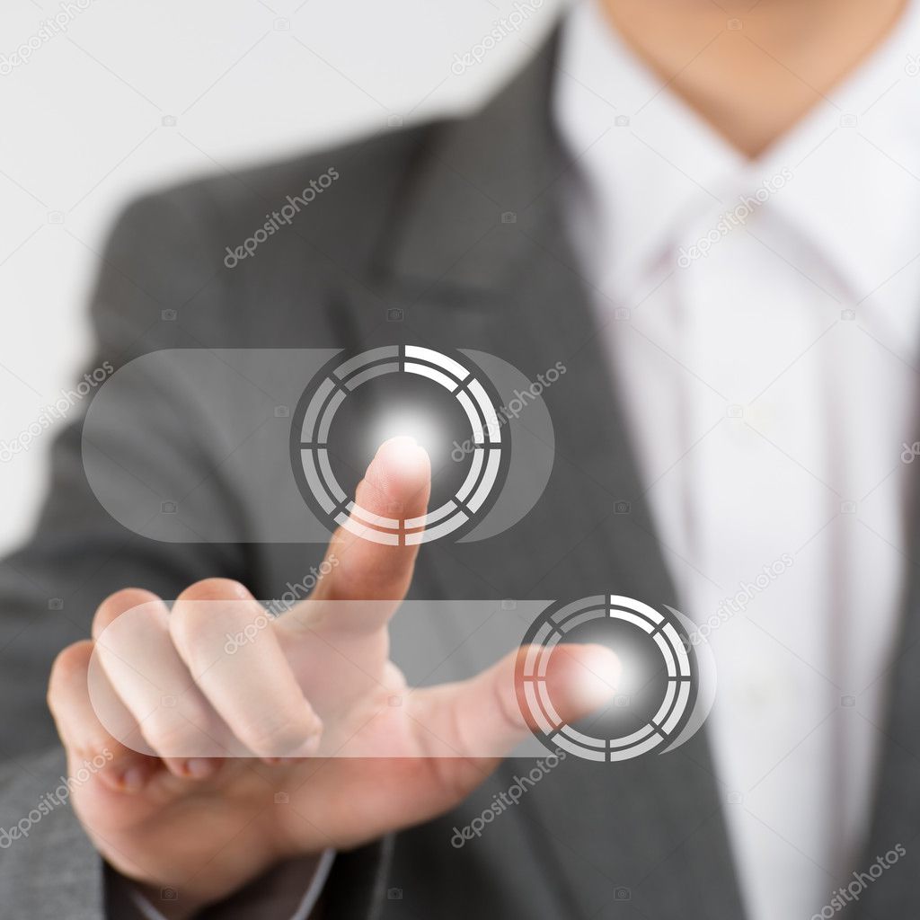 Business woman pushing virtual button on touch screen