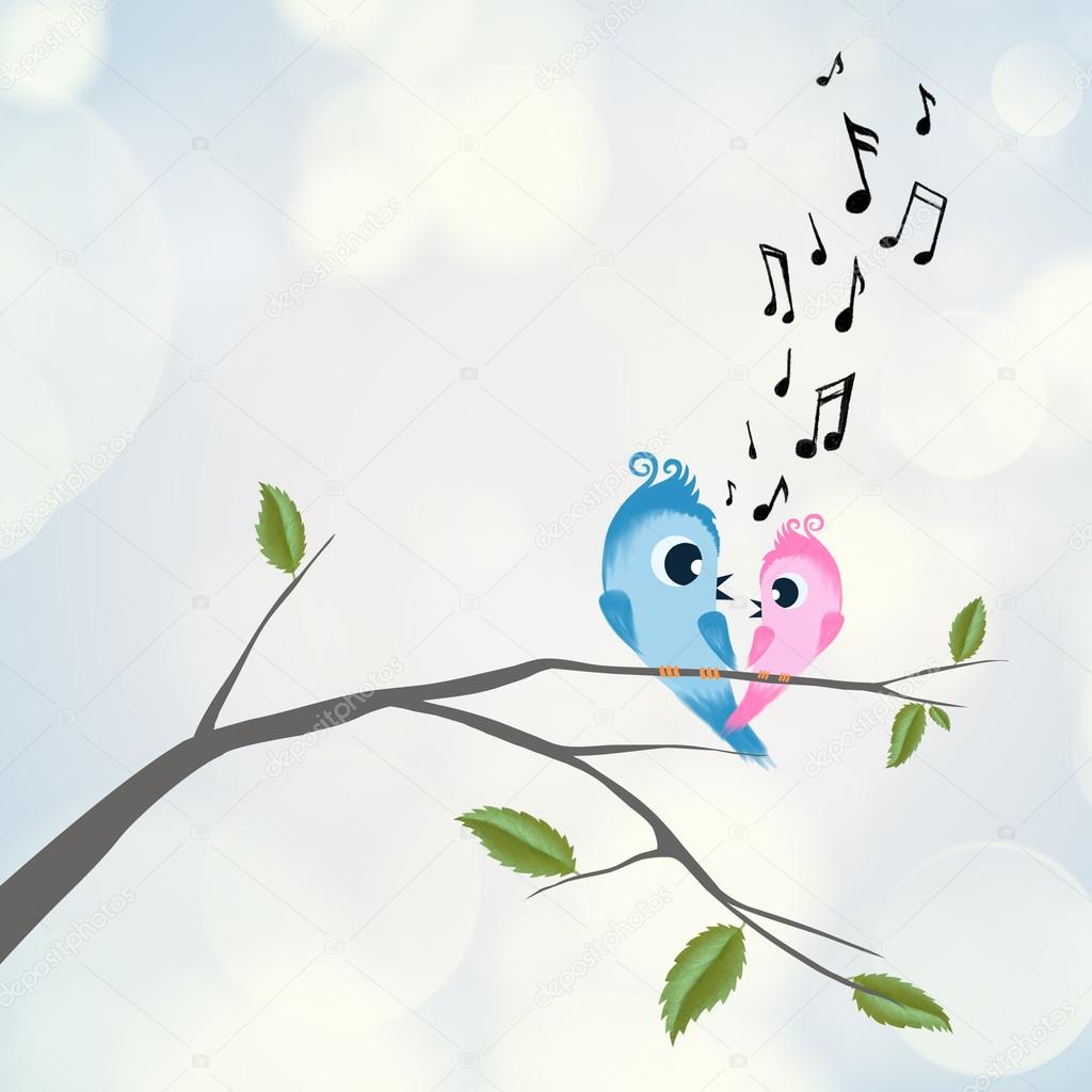 Two birds flirting and singing on branch