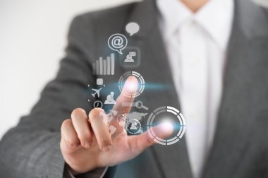 iş kadını ve sanal arabirimi ile web ve Sosyal Medya simgeler