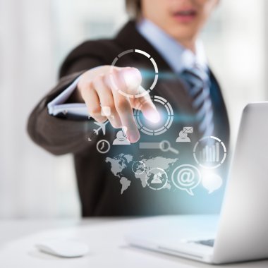 işadamı ve sanal arabirimi ile web ve Sosyal Medya simgeler