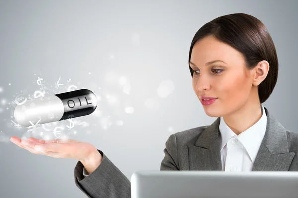 Investment concept. Pretty business woman with currency symbols. — Stock Photo, Image