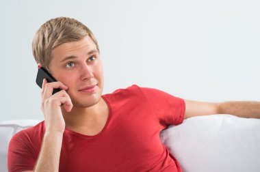 yakışıklı genç adam kanepede rahatlatıcı ve onun akıllı telefonu ile arama