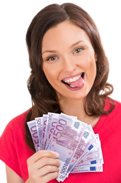 Woman holding up fanned out banknotes — Stock Photo, Image