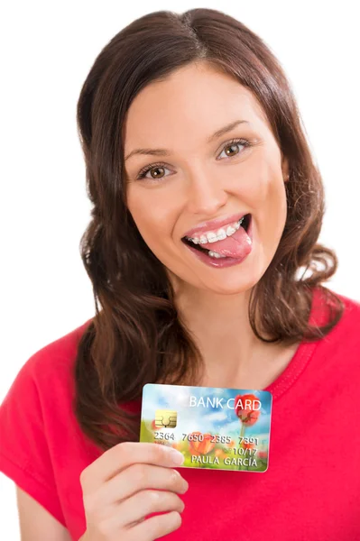 Щаслива жінка з кредитною карткою — стокове фото