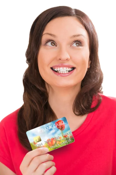 Mujer feliz con tarjeta de crédito — Foto de Stock