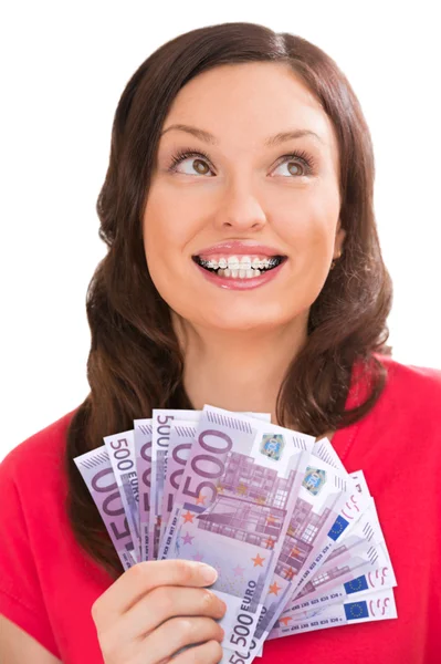 Woman holding and showing a lot of five hundred euro banknotes — Stock Photo, Image