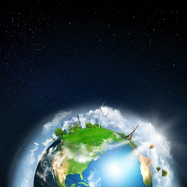 Earth with different elements on its surface. Night time