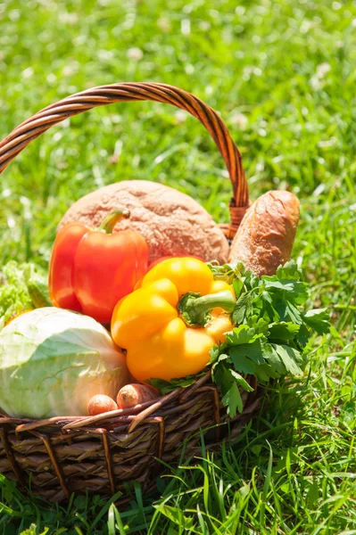 En skörd av seasnon grönsaker och bröd — Stockfoto