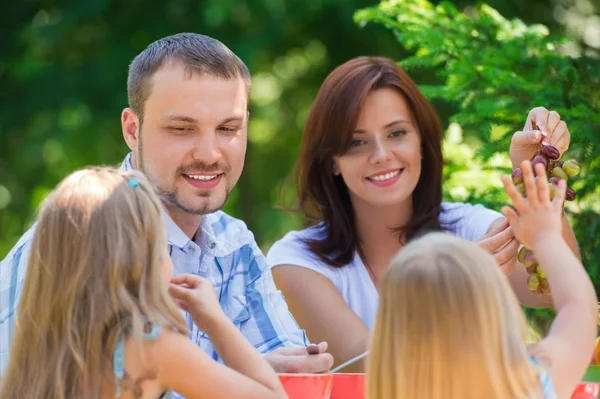 Familjen äter tillsammans utomhus — Stockfoto