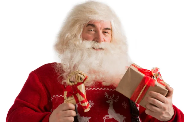 Portrait of Santa Claus with christmas deer decoration and gift — Stock Photo, Image