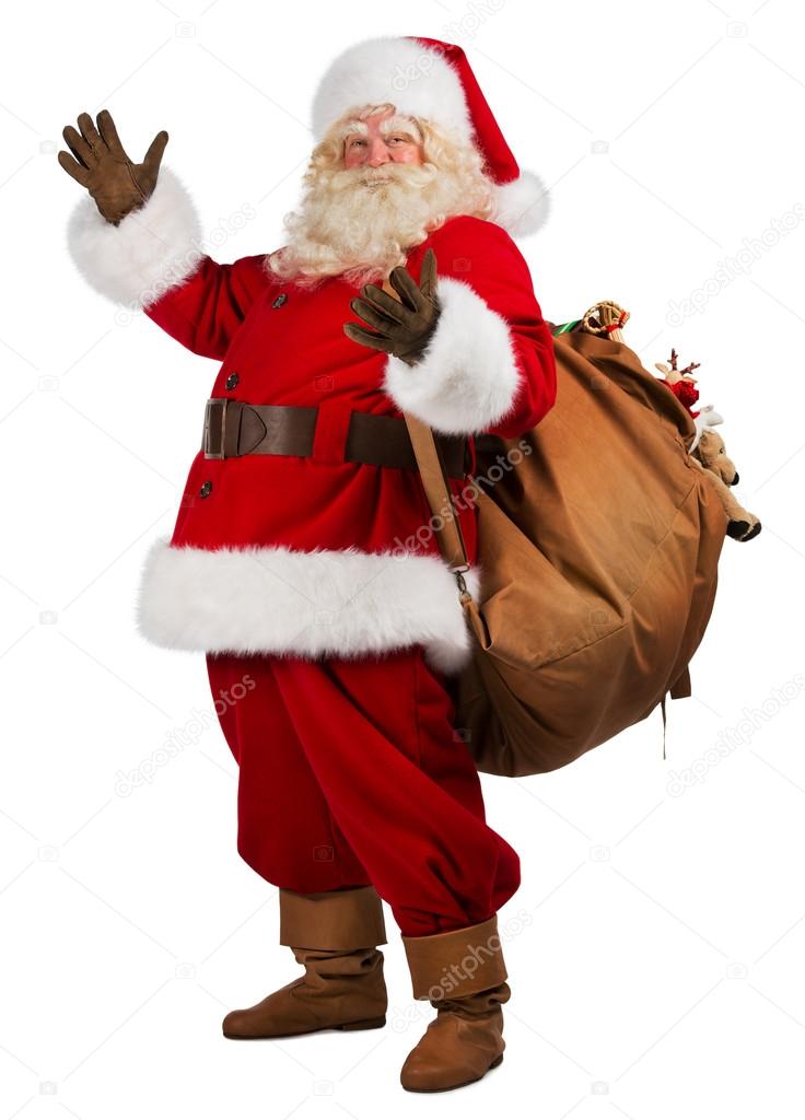 Real Santa Claus carrying big bag full of gifts