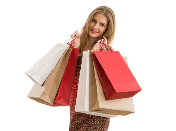 Shopping woman holding shopping bags looking at camera — Stock Photo, Image