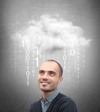 Young business man or system administrator under cloud with digital rain. clipart