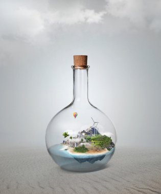 Corked glass bottle with beautiful island and sea inside. clipart