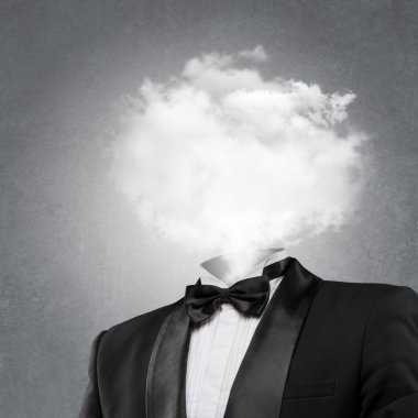 Overworked burnout business man standing headless with smoke instead of his head. Strong stress concept clipart