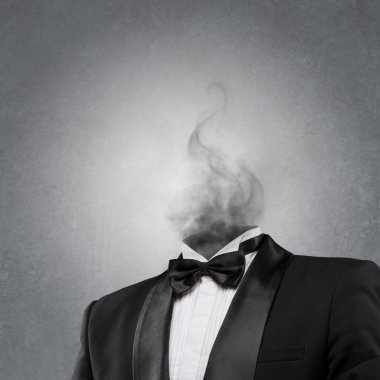 Overworked burnout business man standing headless with smoke instead of his head. Strong stress concept clipart
