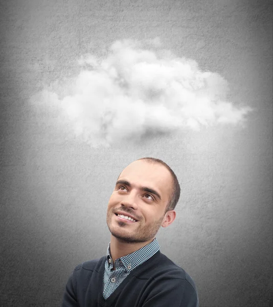 Close up of man looking up for thought bubble above his head — Stock Photo, Image