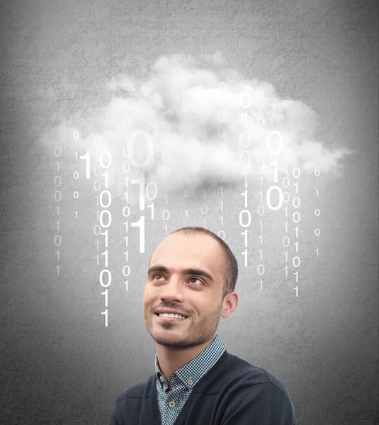 Young business man or system administrator under cloud with digital rain. — Stock Photo, Image