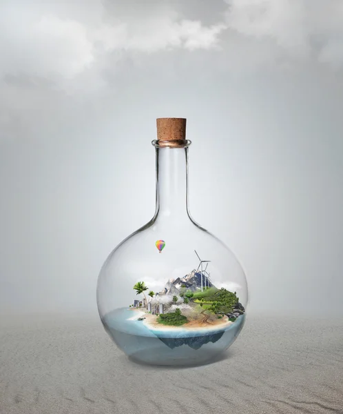 Corked glass bottle with beautiful island and sea inside. — Stock Photo, Image
