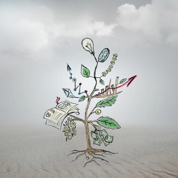 Conceito de empresa em crescimento com esboço de uma árvore com símbolos de negócios — Fotografia de Stock