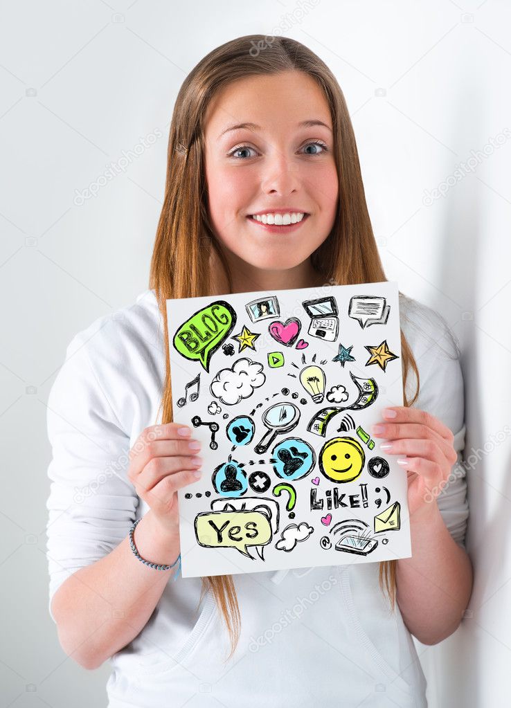 Young girl student holding a sign with online services symbols