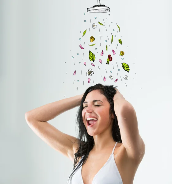 Girl taking fresh shower — Stock Photo, Image