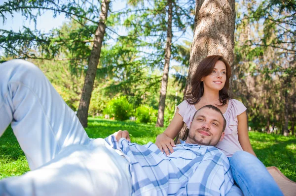 Adulto casal piquenique no parque de verão sob a árvore — Fotografia de Stock