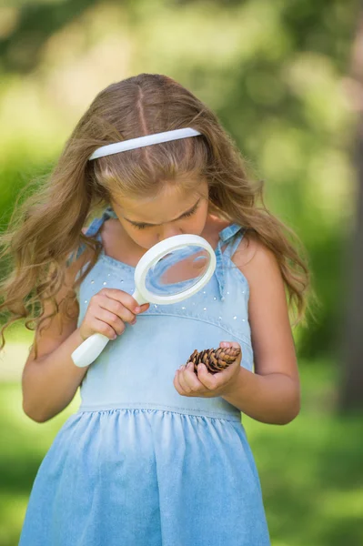 Little girl exploring the cone through the magnifying glass outdoors — Stock Photo, Image