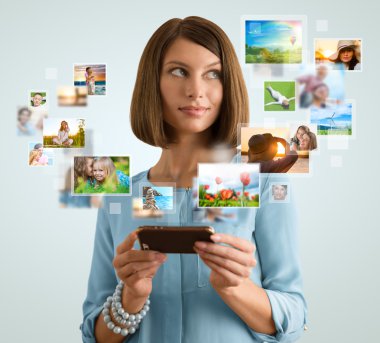 Woman sharing her travel vacation photo clipart