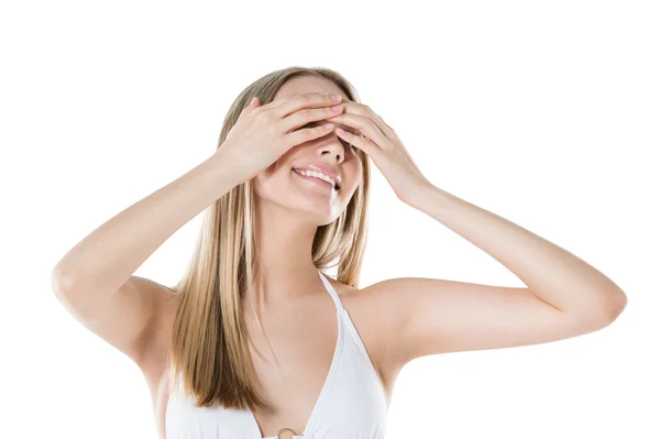 Mujer escondiendo sus ojos con las manos — Foto de Stock