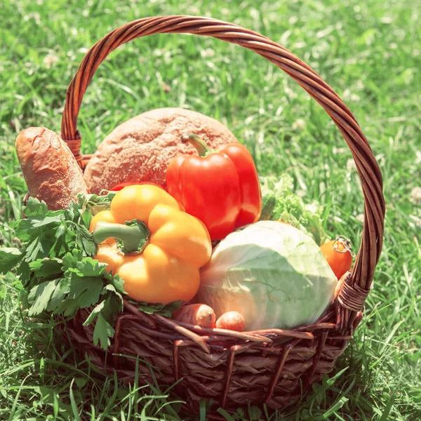 A harvest of seasnon vegetables and bread — Stock Photo, Image