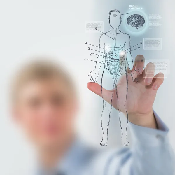 Medical doctor working virtual interface examining human body — Stock Photo, Image