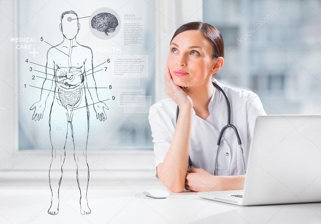 Medical doctor working virtual interface examining human body