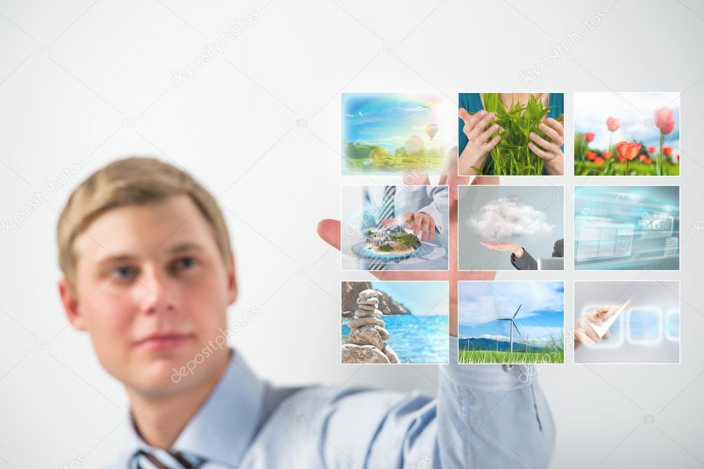 Man selecting tv channel virtual touch screen