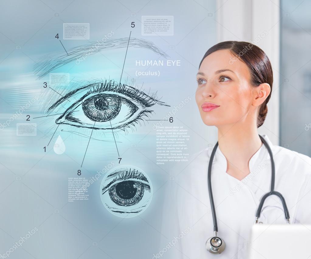 Doctor working virtual interface examining human eye
